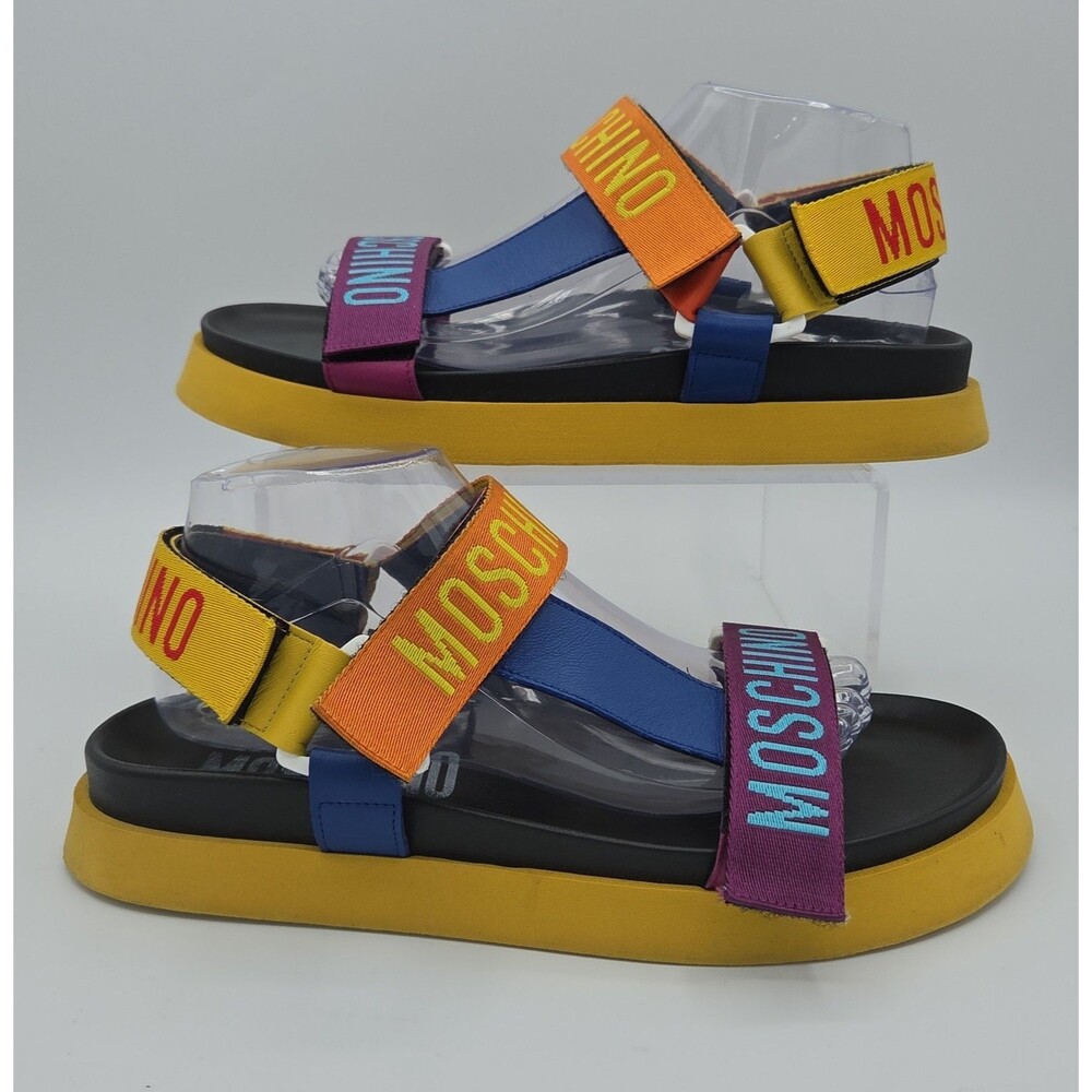 Moschino Logo Tape Sandals Multicolor Platform Strappy Shoes Luxury Sz 41 US 10